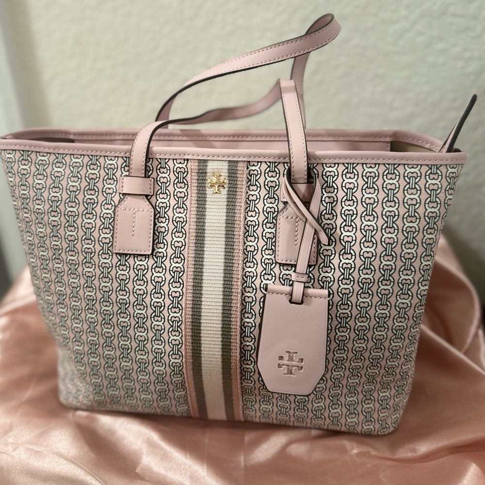 Tory Burch Pink Patterned Tote Handbag with Stripe Accent and cross body strap - Picture 2 of 13